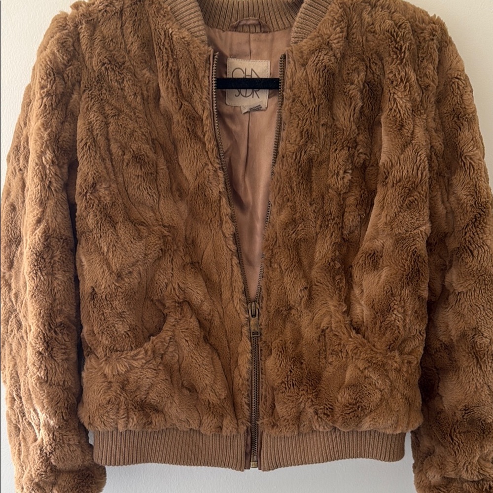 Caramel Brown Teddy Bomber Jacket with Plush Texture
